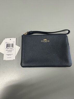 Coach Navy Blue Leather Wristlet with Gold Logo